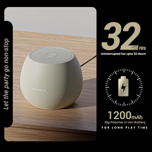 HAMMER Drop 5W Bluetooth Wireless Speaker with Twin Pairing, 1200 mAh Battery, 100H Standby Time, TWS Function, TF Card, USB Slot, Auto-Pairing, in-Built Mic, Type-C Charging, 52mm Driver (Beige) - Image 4