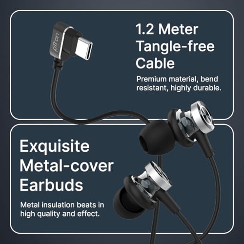 pTron Boom Play X3 In-Ear Type C Wired Headphones with Mic, 10mm Drivers for Pristine Sound, In-line Controls, 90 Degree USB-C Connector, 1.2m Tangle-Free Cable, Metal Buds & Wide Compatibility(Black) - Image 7