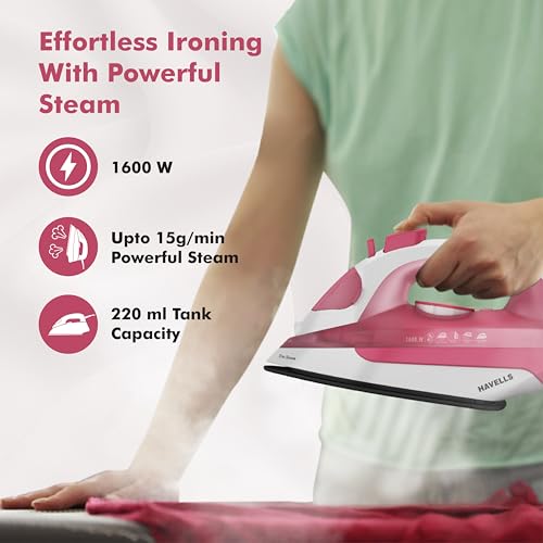 Havells TruSteam 1600 Watt Steam Iron with Self Cleaning Function|Vertical & Horizontal Ironing|220 ml Tank for Longer Ironing|High Steaming Rate upto 15 gm/min|2Yr Manufacturer Warranty(Pink) - Image 2