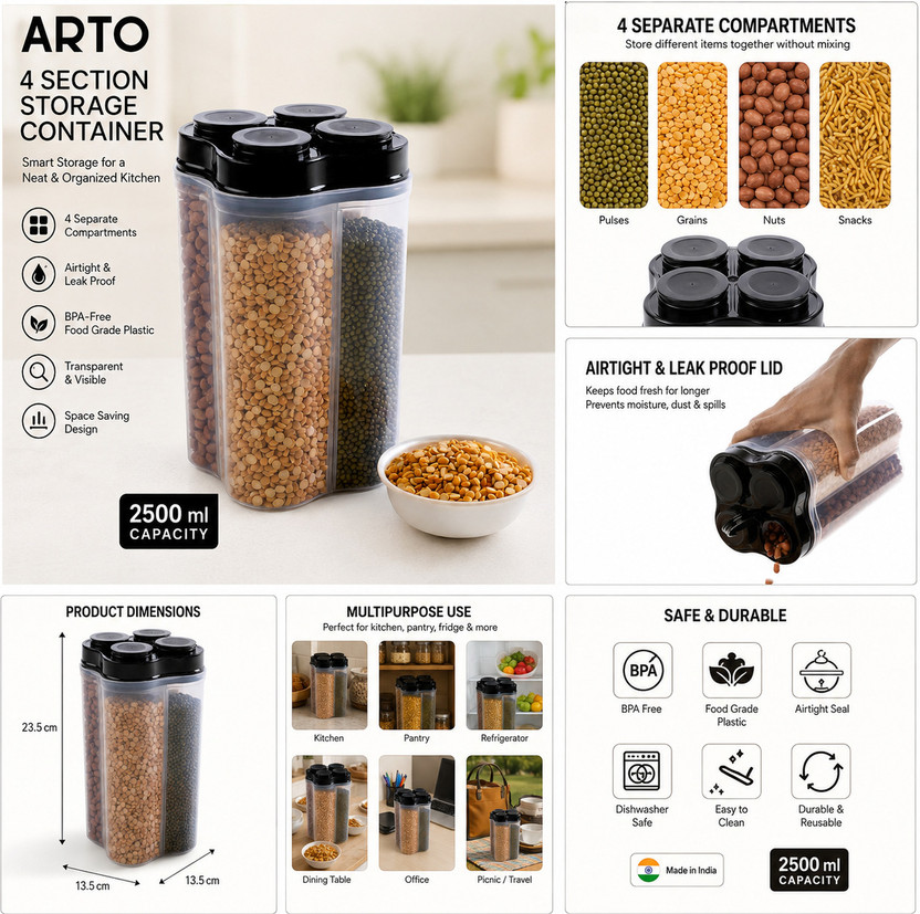 Arto Plastic Grocery Container - 2500 ml (Transparent, Black) - Image 2