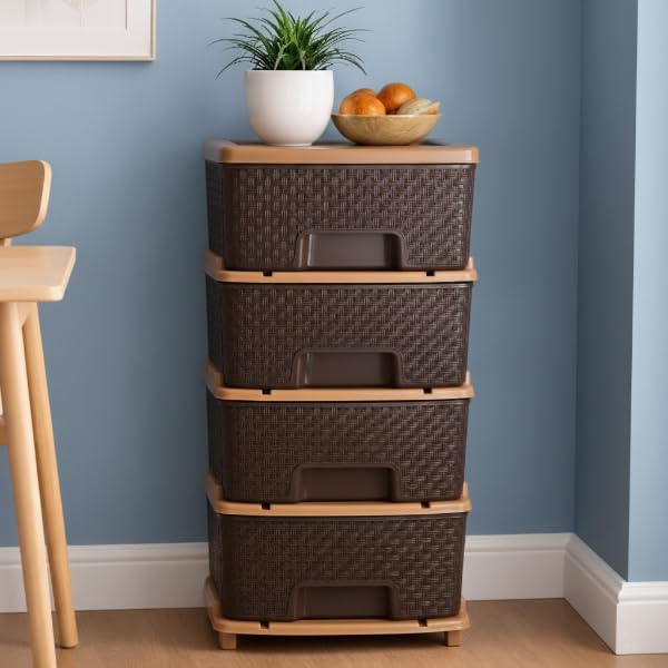 Plastic Modular Drawer Storage Chest Of Drawers Organizer Storage Box, Large Stomo Racks For Multipurpose Anti-slip Shoes Organizers (Brown, 4 Layer)