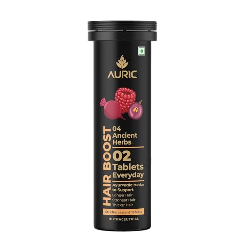Auric Hair Boost Effervescent Tablets 20 Count | Ayurvedic Formula for Hair Fall Control | Biotin, Zinc, Beetroot & Grapeseed Extracts & Herbal Extracts | Hair Growth & Strength Support
