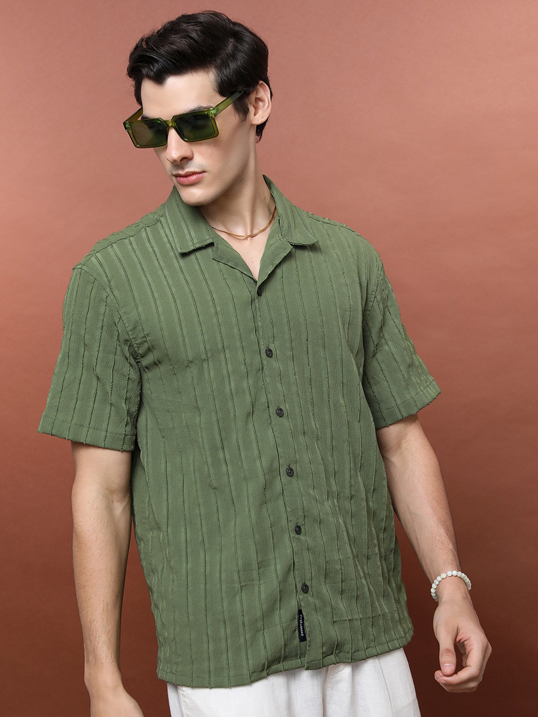 HIGHLANDER Vertical Stripes Cuban Collar Oversized Casual Shirt - Image 3