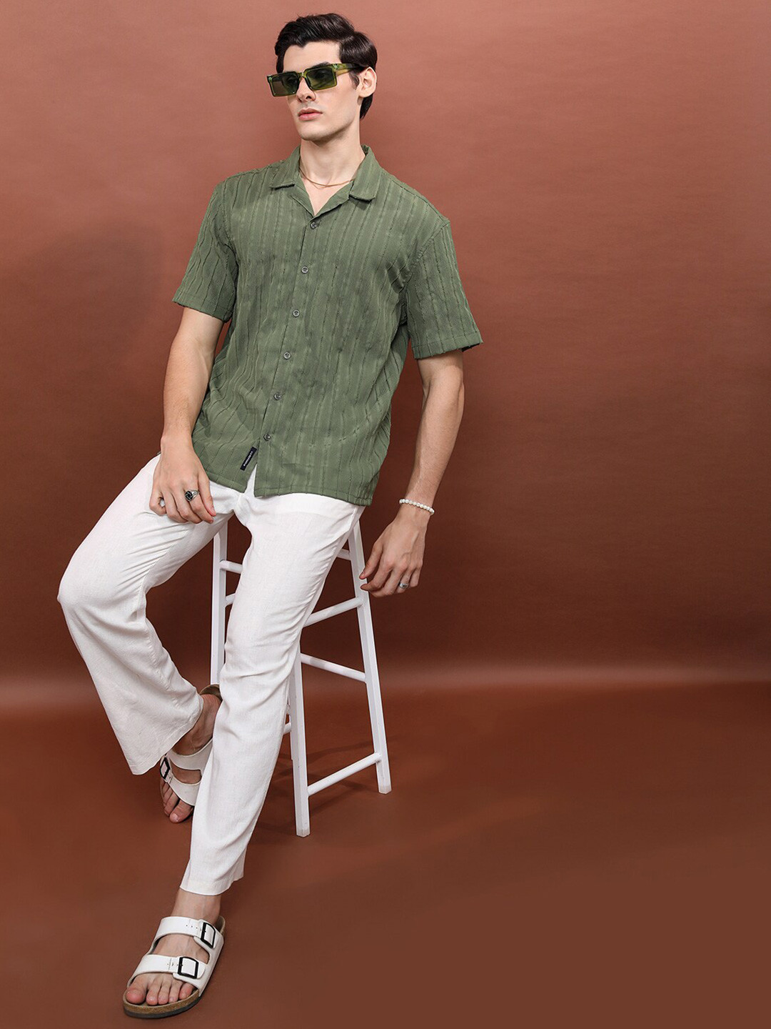 HIGHLANDER Vertical Stripes Cuban Collar Oversized Casual Shirt - Image 5