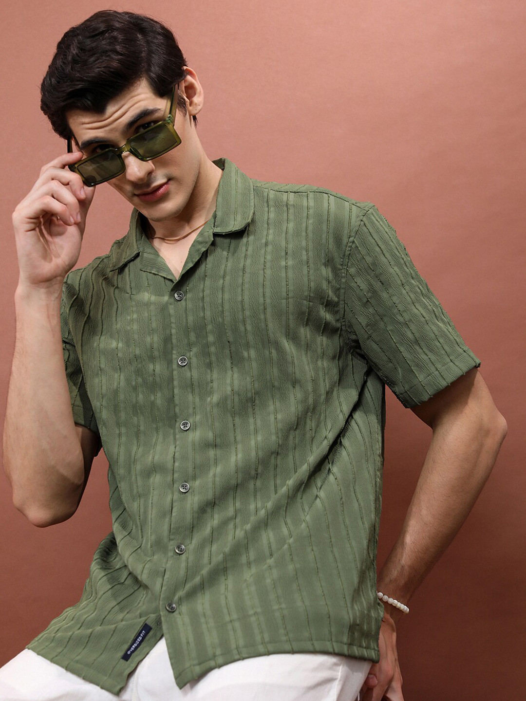 HIGHLANDER Vertical Stripes Cuban Collar Oversized Casual Shirt - Image 6