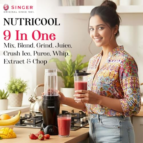 SINGER 500W Nutricool Blender | 9-in-1 Multi-Function Mixer Grinder | Single Speed | 500 ml & 300 ml Jars | Stainless Steel Blades | Low Noise | ISI Certified | 2 Years Warranty - Image 2
