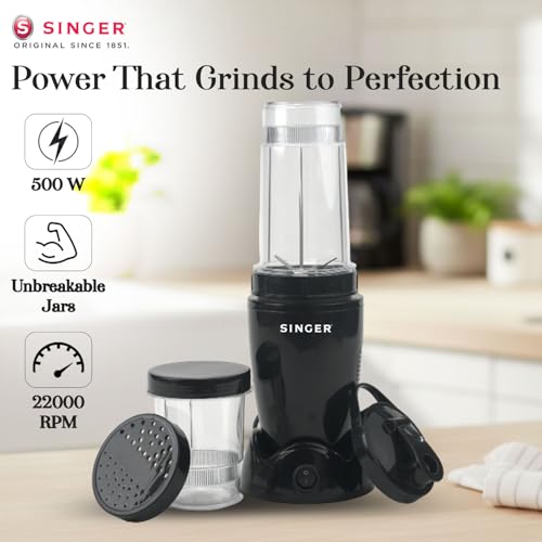 SINGER 500W Nutricool Blender | 9-in-1 Multi-Function Mixer Grinder | Single Speed | 500 ml & 300 ml Jars | Stainless Steel Blades | Low Noise | ISI Certified | 2 Years Warranty - Image 5