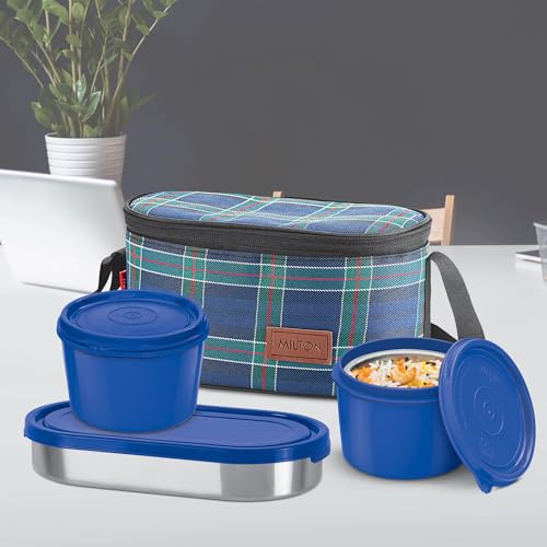 MILTON Decker Lunch Box with Insulated Fabric Jacket, 2 Inner Stainless Steel Containers 450 ml Each & 1 Oval Stainless Steel 450 ml, Microwave Safe, Leak-Proof Tiffin for Office, Easy to Carry, Blue - Image 3