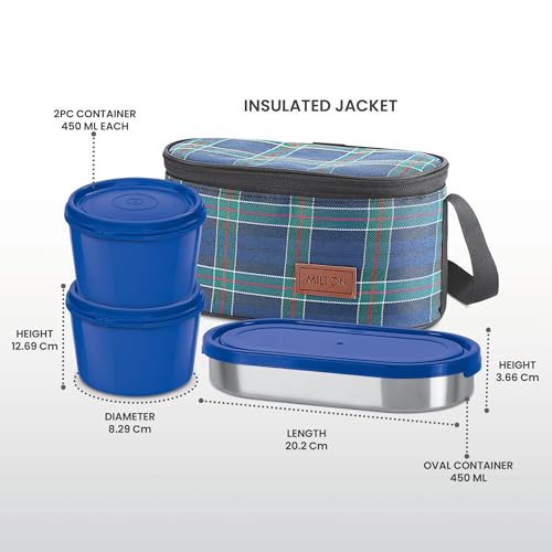 MILTON Decker Lunch Box with Insulated Fabric Jacket, 2 Inner Stainless Steel Containers 450 ml Each & 1 Oval Stainless Steel 450 ml, Microwave Safe, Leak-Proof Tiffin for Office, Easy to Carry, Blue - Image 4