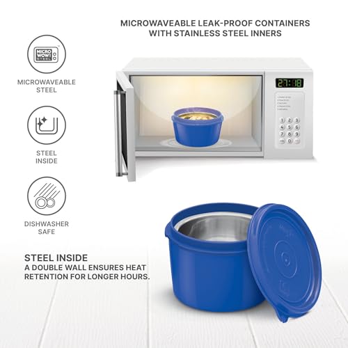 MILTON Decker Lunch Box with Insulated Fabric Jacket, 2 Inner Stainless Steel Containers 450 ml Each & 1 Oval Stainless Steel 450 ml, Microwave Safe, Leak-Proof Tiffin for Office, Easy to Carry, Blue - Image 7