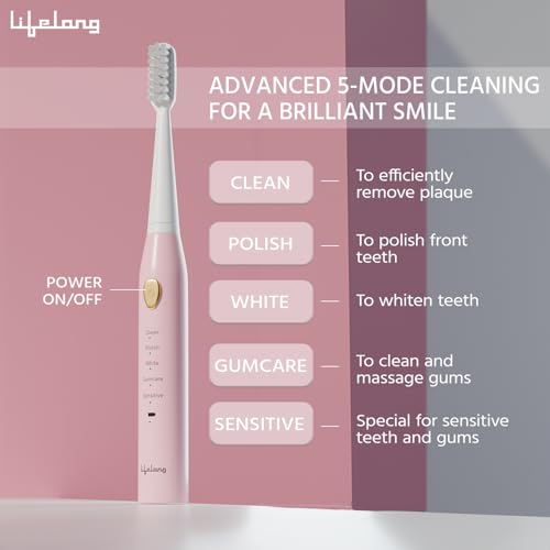 Lifelong Rechargeable Toothbrush for Adults - Smart Brush with 5 Cleaning Modes & Smart Auto Shut-Off - Waterproof Electronic Toothbrush - 2 Electric Heads, 500mAh Long-Lasting Battery (Pink, LLDC135) - Image 3