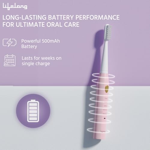 Lifelong Rechargeable Toothbrush for Adults - Smart Brush with 5 Cleaning Modes & Smart Auto Shut-Off - Waterproof Electronic Toothbrush - 2 Electric Heads, 500mAh Long-Lasting Battery (Pink, LLDC135) - Image 4