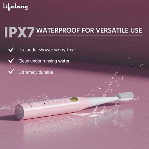 Lifelong Rechargeable Toothbrush for Adults - Smart Brush with 5 Cleaning Modes & Smart Auto Shut-Off - Waterproof Electronic Toothbrush - 2 Electric Heads, 500mAh Long-Lasting Battery (Pink, LLDC135) - Image 6