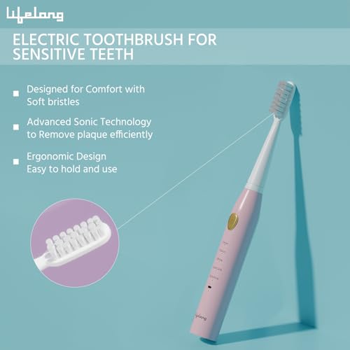 Lifelong Rechargeable Toothbrush for Adults - Smart Brush with 5 Cleaning Modes & Smart Auto Shut-Off - Waterproof Electronic Toothbrush - 2 Electric Heads, 500mAh Long-Lasting Battery (Pink, LLDC135) - Image 7