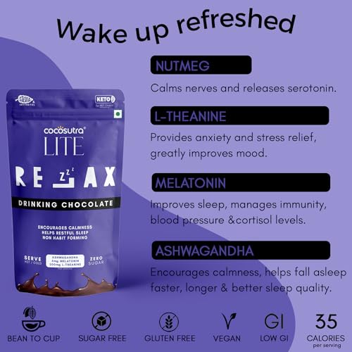 Cocosutra RELAX Sugar-Free Drinking Chocolate with Melatonin & Ashwagandha | Sleep Aid | Non-Habit Forming | Keto Friendly | Ages 14+ | 200g | 10 Servings - Image 5