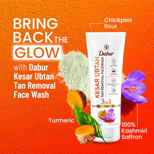 DABUR Kesar Ubtan Face Wash-100ml | Enriched with Natural Turmeric, Niacinamide & Saffron to Brighten, Tone and gently Exfoliate Skin | For Removing Tan, Dark Spots, Dirt & Impurities - Image 3