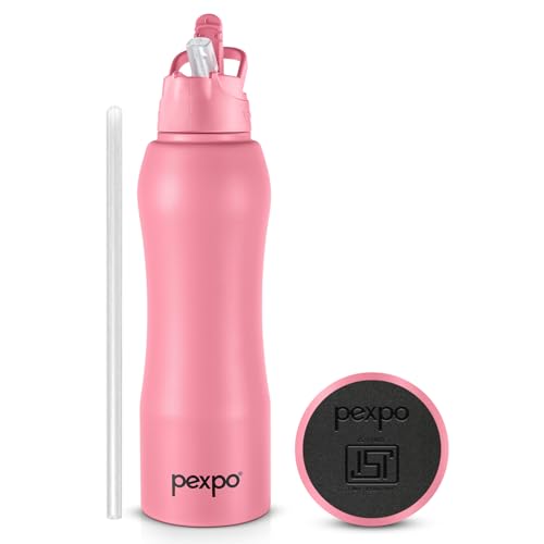 Go24 pexpo Belly ISI Certified Stainless Steel Water Bottle 1 ltr, with Straw Lid Sipper Cap | Single Wall Fridge Bottle | For Home, Office, Gym, School, Yoga & Trek - Candy Pink