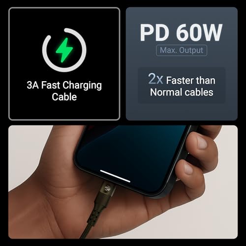 Zebronics Wattz 60CC2 Type-C to Type-C Soft Silicone Cable, PD 60W, 1 Meter, Durable, Charge & Sync, Rapid Charging, For Laptops, Tablets, Mobiles (Black) - Image 3