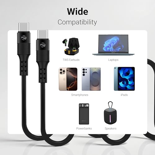 Zebronics Wattz 60CC2 Type-C to Type-C Soft Silicone Cable, PD 60W, 1 Meter, Durable, Charge & Sync, Rapid Charging, For Laptops, Tablets, Mobiles (Black) - Image 6