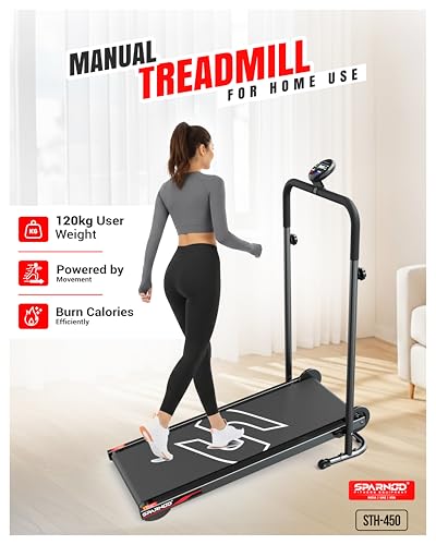Sparnod Fitness STH-450 Manual Treadmill for Home Use, Adjustable Handle Height & Manual Incline, LCD Display, Compact & Foldable with Wheels, 120 kg Max User Weight, Assembly Required - Image 2