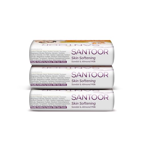 Santoor Skin Softening Sandal & Almond Milk Bathing Soap with Nourishing & Anti-Aging Properties| For Smooth & Soft and Younger-Looking Skin| For All Skin Types|150G X3 - Image 4