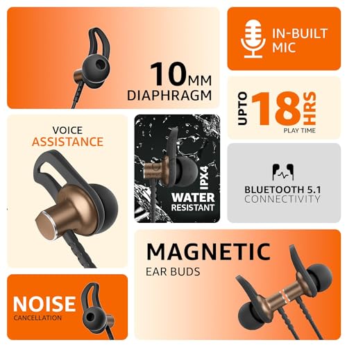 Amazon Basics in-Ear Wireless Neckband with Mic, Up to 18 Hours Play Time, Bluetooth 5.1, Voice Assistance, Noise Cancellation, IPX4 Water-Resistance, Magnetic Earbuds (Brown) - Image 3
