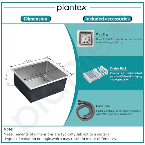 Plantex Premium Stainless Steel Sink for Kitchen/Kitchen Sink with 25 Years Warranty by Plantex/Single Bowl Sink with Square Coupling, Hose Pipes and Drain Rack (Silver Matt - 16x18x9 Inches) - Image 6