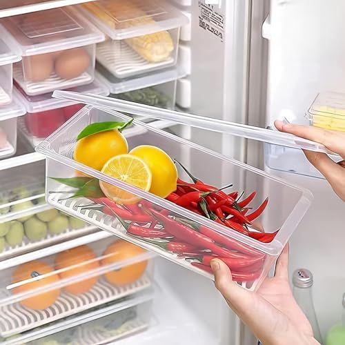 flymore Fridge Storage Boxes (Pack of 4), Fridge Organizer with Removable Drain Plate Fridge Storage Containers Keeps Fruits, Vegetables, Meat, Fish Fresh Longer 1500 ML Container Box