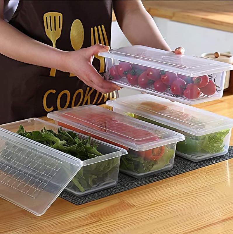 flymore Fridge Storage Boxes (Pack of 4), Fridge Organizer with Removable Drain Plate Fridge Storage Containers Keeps Fruits, Vegetables, Meat, Fish Fresh Longer 1500 ML Container Box - Image 3