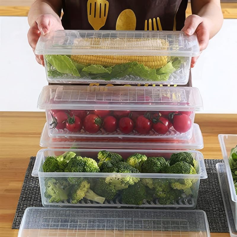 flymore Fridge Storage Boxes (Pack of 4), Fridge Organizer with Removable Drain Plate Fridge Storage Containers Keeps Fruits, Vegetables, Meat, Fish Fresh Longer 1500 ML Container Box - Image 6