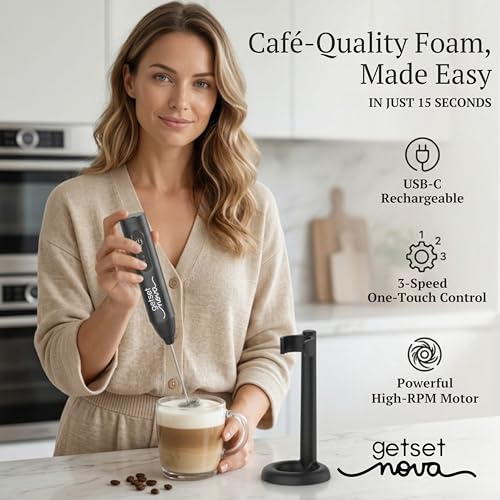 GetSetNova Rechargeable Milk Frother & Coffee Whisker with Dual Spring Tech | 1 Year Replacement Warranty | Free Coffee Frothing Recipe Book (Frother with Black Stand) - Image 3