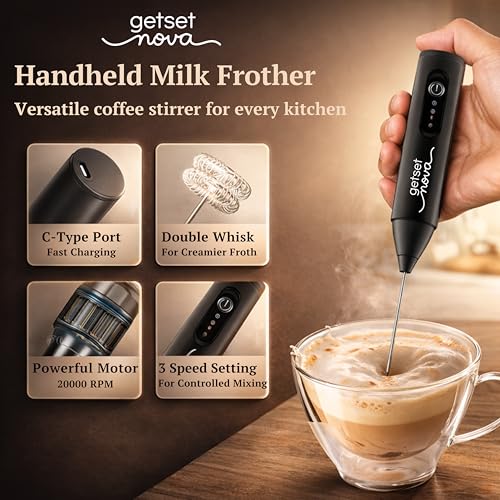 GetSetNova Rechargeable Milk Frother & Coffee Whisker with Dual Spring Tech | 1 Year Replacement Warranty | Free Coffee Frothing Recipe Book (Frother with Black Stand) - Image 4