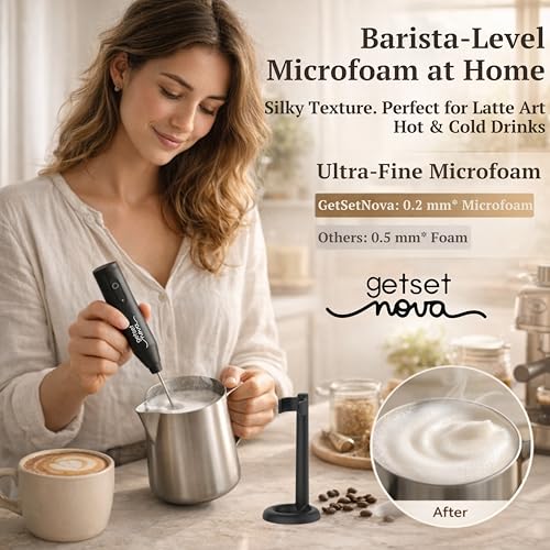 GetSetNova Rechargeable Milk Frother & Coffee Whisker with Dual Spring Tech | 1 Year Replacement Warranty | Free Coffee Frothing Recipe Book (Frother with Black Stand) - Image 5