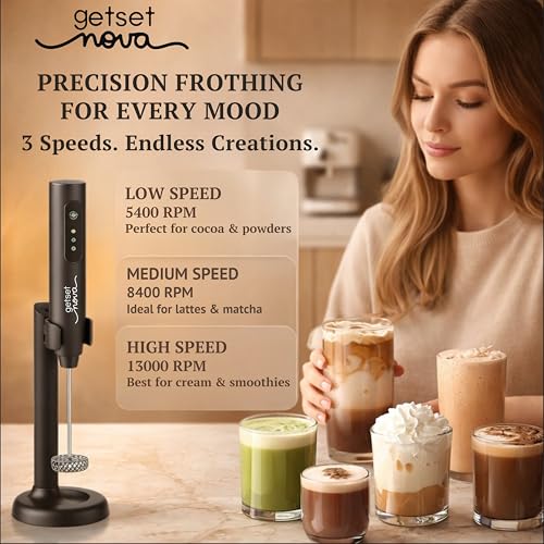 GetSetNova Rechargeable Milk Frother & Coffee Whisker with Dual Spring Tech | 1 Year Replacement Warranty | Free Coffee Frothing Recipe Book (Frother with Black Stand) - Image 6