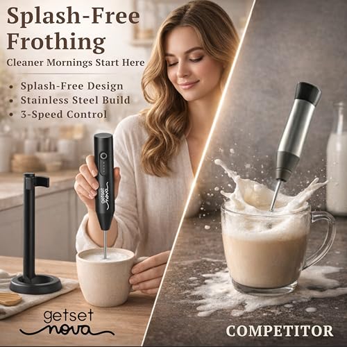 GetSetNova Rechargeable Milk Frother & Coffee Whisker with Dual Spring Tech | 1 Year Replacement Warranty | Free Coffee Frothing Recipe Book (Frother with Black Stand) - Image 7