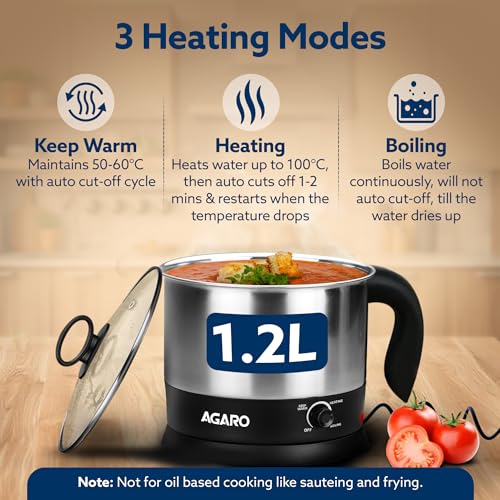 AGARO Esteem Electric Multipurpose Kettle 1.2L, 600W, with Stainless Steel Body, Egg Rack, Grill Rack, 3 Heating Modes & Rapid Boil Technology, Boiling Water, Tea, Coffee, Oats, Noodle, Soup, Black - Image 3