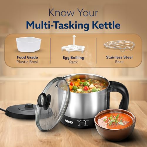 AGARO Esteem Electric Multipurpose Kettle 1.2L, 600W, with Stainless Steel Body, Egg Rack, Grill Rack, 3 Heating Modes & Rapid Boil Technology, Boiling Water, Tea, Coffee, Oats, Noodle, Soup, Black - Image 5