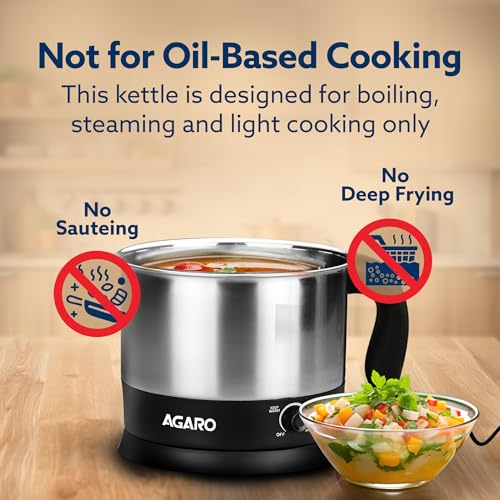 AGARO Esteem Electric Multipurpose Kettle 1.2L, 600W, with Stainless Steel Body, Egg Rack, Grill Rack, 3 Heating Modes & Rapid Boil Technology, Boiling Water, Tea, Coffee, Oats, Noodle, Soup, Black - Image 6