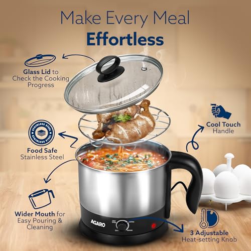 AGARO Esteem Electric Multipurpose Kettle 1.2L, 600W, with Stainless Steel Body, Egg Rack, Grill Rack, 3 Heating Modes & Rapid Boil Technology, Boiling Water, Tea, Coffee, Oats, Noodle, Soup, Black - Image 7
