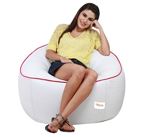 Sattva Combo Muddha Bean Bag Cover and Round Footstool Cover (Without Beans) - (White with Red Piping) - Image 3