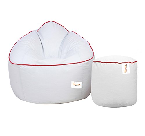 Sattva Combo Muddha Bean Bag Cover and Round Footstool Cover (Without Beans) - (White with Red Piping) - Image 5