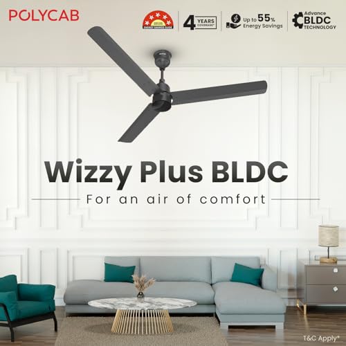 Polycab Wizzy Plus 1200mm 5-Star BLDC, Remote Ceiling fan for Living Room| 55% Energy Saving, 100% Copper, High Air Delivery, Free Installation | 3+1 yr Warranty【Matt Black】 - Image 3