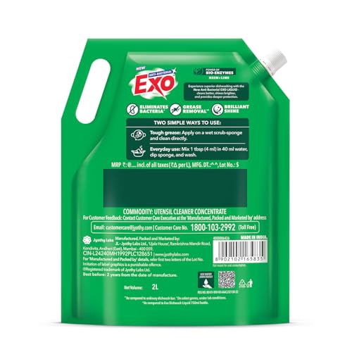 Exo Dishwash Liquid Refill Pack | Neem & Lime | Tough Grease Removal for Utensils | Anti-Bacterial Dishwashing Liquid | Bio-Enzyme Liquid Dishwash | No Residue Cleaning - 2L - Image 2