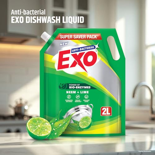 Exo Dishwash Liquid Refill Pack | Neem & Lime | Tough Grease Removal for Utensils | Anti-Bacterial Dishwashing Liquid | Bio-Enzyme Liquid Dishwash | No Residue Cleaning - 2L - Image 3