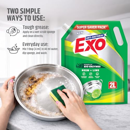Exo Dishwash Liquid Refill Pack | Neem & Lime | Tough Grease Removal for Utensils | Anti-Bacterial Dishwashing Liquid | Bio-Enzyme Liquid Dishwash | No Residue Cleaning - 2L - Image 7