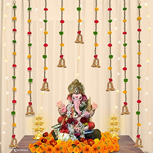 ARCHIES Artificial Flower Marygold Garland (Multicolor, Pack of-2,Length-30 cm,Breadth-8 cm, Number of Bell-2,11 Pompom in Each Garland Pack of 2 Pcs) Wall Hanging for Home Decor, Diwali, Pooja - Image 3