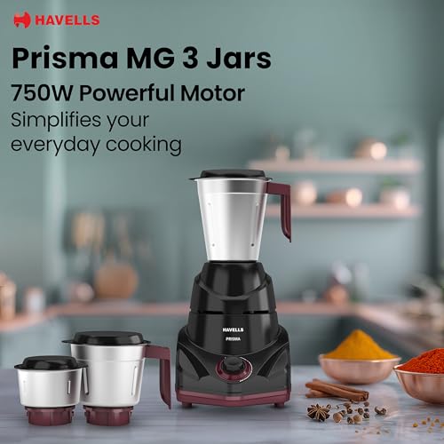 Havells Prisma 750 W 3 Jar Mixer Grinder| 3 Speed With Pulse Function| Air Vent Technology| Stainless Steel Blades| Wider Mouth Jars| Overload Protecton| 2-Year Product Warranty (Black) - Image 2