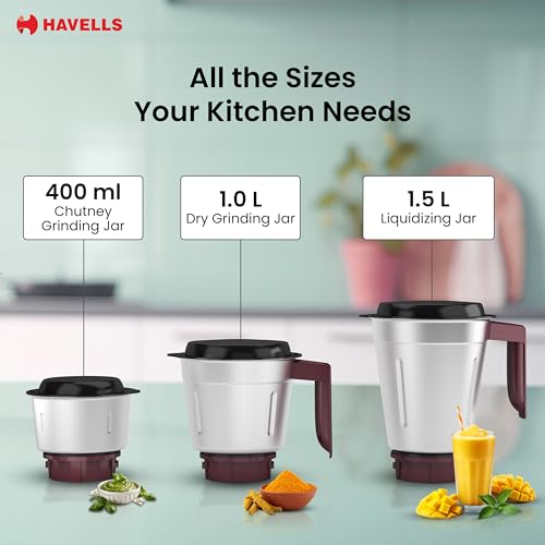 Havells Prisma 750 W 3 Jar Mixer Grinder| 3 Speed With Pulse Function| Air Vent Technology| Stainless Steel Blades| Wider Mouth Jars| Overload Protecton| 2-Year Product Warranty (Black) - Image 4