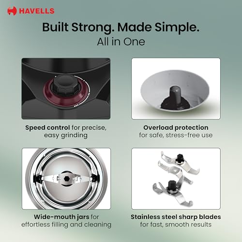 Havells Prisma 750 W 3 Jar Mixer Grinder| 3 Speed With Pulse Function| Air Vent Technology| Stainless Steel Blades| Wider Mouth Jars| Overload Protecton| 2-Year Product Warranty (Black) - Image 5