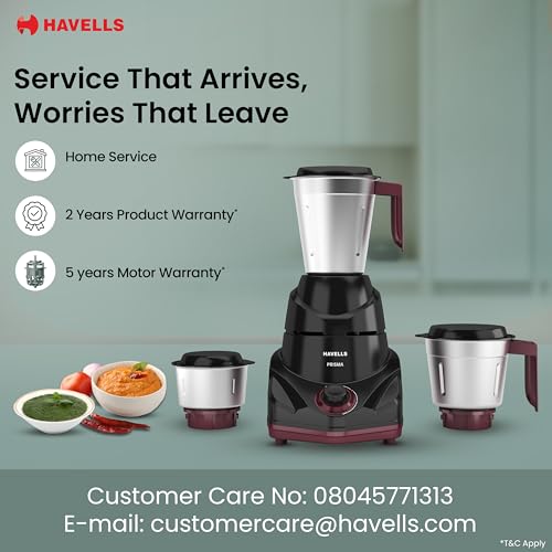 Havells Prisma 750 W 3 Jar Mixer Grinder| 3 Speed With Pulse Function| Air Vent Technology| Stainless Steel Blades| Wider Mouth Jars| Overload Protecton| 2-Year Product Warranty (Black) - Image 7